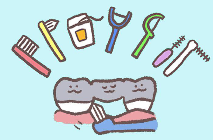 ブリッジの清掃に使用する歯ブラシや歯間ブラシなどの補助清掃用具のイラスト